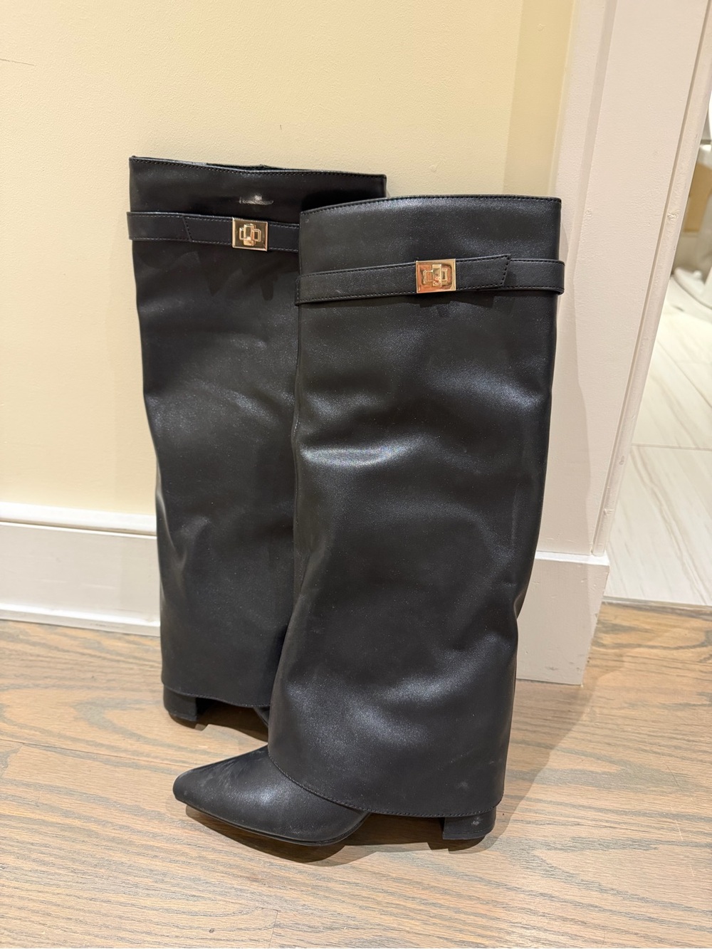 Target Black Knee-High Pointed-Toe Boots with Gold Buckle